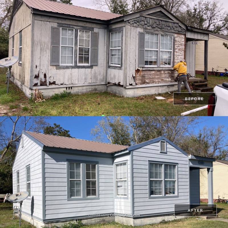 Cottage with new light blue-gray lap siding